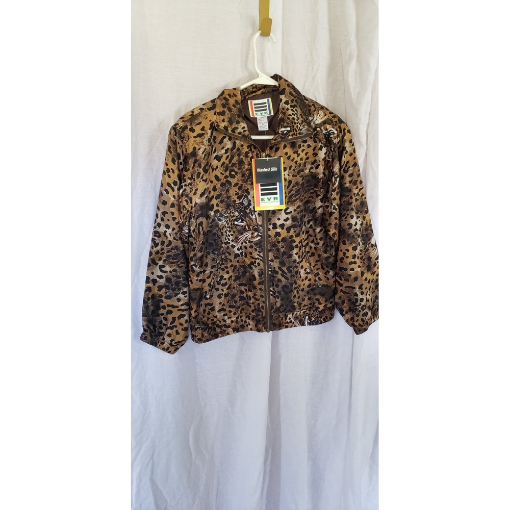 Vtg (Ps) EVR DIV Rousso Silk Zip Up Bomber Jacket Brown Floral Leopard Print